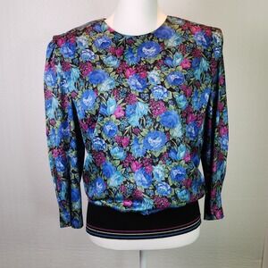 Vintage CB 1980s Floral Blouse Padded Shoulder Ribbed Banded Waist Retro XL
